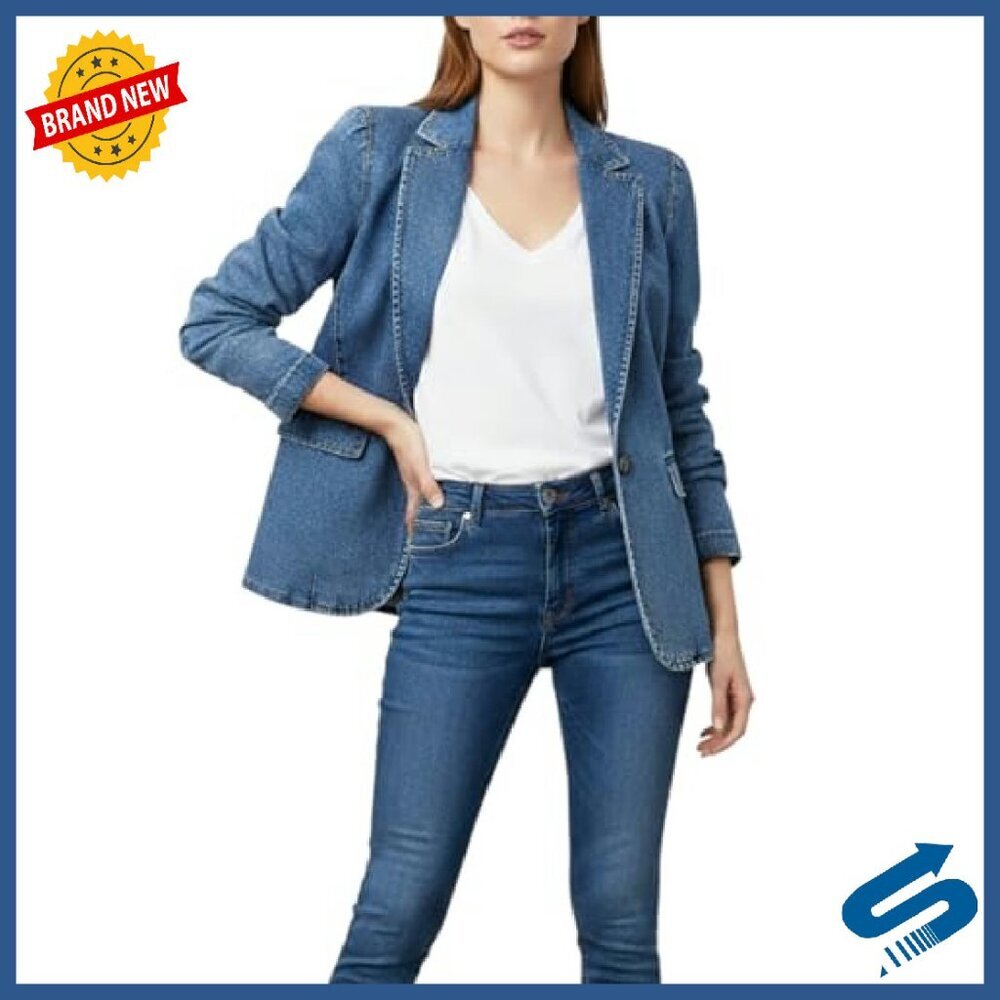 Women's Denim Jacket Slim Fit Stretch Cotton Polyester Elastane Deep V-Neck - Picture 2 of 8